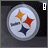 Animated sequence of a circular Steelers logo with orange, red, and dark blue star shapes on gray background; text 'GO' and 'STEELERS' appears in pixelated font at bottom.