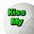 Two circular pixelated icons with light gray backgrounds display text: 'Kiss My' in green and 'Ace!' in cyan.