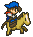 Pixel art of a character with brown hair and blue hat riding a yellow horse, shown in three sequential poses.