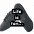 Two grayscale buddy icons shaped like the letter A, each with text elements in black rectangular boxes.