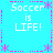 Pixelated cyan background with repeated white text "Soccer is LIFE!" and pink decorative elements arranged in a pattern