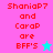 Pixelated text reads "ShaniaP7 and CaraP are BFF'S" with a star symbol on a split background of pink, cyan, and blue sections.