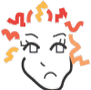 Three cartoon faces with curly hair in red and orange, each showing distinct expressions against a gray background.