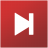 Red square background with white pixelated play button symbol featuring two triangular shapes pointing left and a vertical bar on the right side.