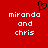Red background with white pixelated text reading "miranda and chris" in two , a black pixelated heart symbol above the left