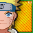 Pixelated character with spiky blonde hair and blue eyes, wearing a gray headband with a metal plate, against a yellow-orange striped background.