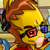 Pixelated yellow character with brown hair, red spiral eye, blue square eye, and red clothing against a multicolored background.