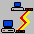 Pixel art of two blue-screened computers connected by a red-yellow zigzag line on gray background, with four variations showing different line paths.