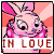 A 3-frame animated contact sheet showing a pink cartoon rabbit with large eyes and a bow, each frame displaying the text 'IN LOVE' in red pixelated letters against a gradient background.