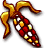 Pixelated static icon of a rake with autumn leaves, featuring brown and yellow handles and red/brown leaf patterns on the head.