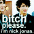 Pixelated image of two people with overlaid text reading "Bitch please. I'm not funny." in white block letters.