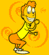 Animated cartoon character with orange hair, yellow shirt, and orange pants in a crouched pose against an orange spiral background.