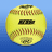 A yellow softball with brown stitching and a black logo on blue background, paired with red text reading "Luv" and "softball" on yellow background.