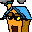 Pixelated cartoon house with blue roof, brown walls, and yellow eyes, showing sequential animation frames of smoke, mouth, and eye changes.