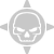 Pixelated grayscale icon of a stylized skull within a circular frame, flanked by arrow-like shapes on left and right sides.