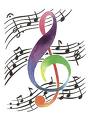 Static image of a colorful treble clef surrounded by musical notation on a white background.