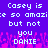 Pixelated text on purple background with pink floral pattern, displaying 'Casey is so amazie but not you DAnIE' in white block letters.