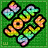 A 4-frame animated contact sheet showing a pixelated rainbow-colored text icon with "BE YOURSELF" on a green background, each frame displaying slight variations in letter positioning and color gradients.