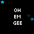 Black background with white text 'OH EM GEE' repeated in a , blue stars scattered around each instance of the text