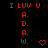 Red pixelated text and symbols on black background with animated heart and arrow changes.