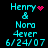 Pixelated cyan text on black background with pink heart and dot animations, displaying 'Henry & Nora 4ever 6/24/07' in two