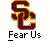 Two identical pixelated 'SC' logo icons with brown and orange colors, each labeled 'Fear Us', displayed on a gray background with promotional text for badassbuddy.com.