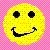 A pixelated yellow smiley face with black eyes and mouth on a pink checkered background, next to text reading 'smile and be happy!' in pink letters on yellow.