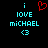 Pixelated text and symbols on black background: 'i', red heart, 'IOVE', 'michael', '<3' in cyan with one version having a missing pixel in the heart.