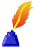 Pixelated icon of a quill pen with gradient feather colors transitioning from yellow to orange, mounted on a blue inkwell base against a gray background.