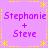 Pixelated purple background with yellow dashed borders and star motifs, displaying repeated text 'Stephanie + Steve' in purple font.