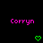 Pixelated pink text 'Corryn' appears above green heart icons on a black background, with one gray square visible in the bottom-right corner.