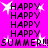 Pixelated text and star shapes on a bright pink background, with 'HAPPY' repeated multiple times and 'SUMMER!!!' in the center.