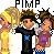 Pixel art contact sheet showing three animated frames of a group of four cartoon characters with the word "PIMP" above them in different colors.