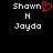 Two side-by-side pixelated text displays with 'Shawn' and 'Jayda' on black background, one featuring a red heart symbol replacing the 'o' in 'Shawn'.