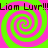 A static image with four spiral patterns and repeated text reading "Liam Luvr!!!Liam Luvr!!!" in dark brown pixelated font on a bright green and pink background.