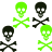 Pixelated skull and crossbones icons in green, black, blue, red, and cyan arranged on a white background with gray overlay.