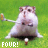 Pixelated image of a hamster-like creature holding a torch, standing on grass with text 'FOUR!' below it.