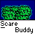 Pixelated animation of a yellow figure with white head peeking from green bush, performing actions like holding a magnifying glass and laughing, with text "Scare Buddy" below.