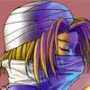 A character with long brown hair and a white head wrap, wearing a purple mask covering the lower face, eyes closed in a relaxed pose.