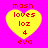 Four yellow heart-shaped icons with red text on a pink background, each displaying "mash loves loz 4 eva" in pixelated font.
