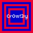 Four square display a pixelated 'Crow!By' text over nested red and blue squares with varying border thicknesses