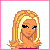 Pixel art of a blonde woman with long hair, wearing a red top and dark blue flared pants, standing against a white background with pink border.