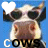 Animated contact sheet of a cow icon with changing heart symbols and text colors across frames.