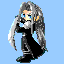 Pixelated character with long gray hair and blue eyes in black outfit, shown in three poses with hand near face and small white sparkles appearing in lower-left and lower-right positions.