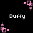 Pixelated pink geometric shapes and white text 'Duffy' on black background, with multiple identical static frames showing the same layout.