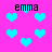Pixelated cyan hearts float on a bright pink background with the text 'emma' in black pixelated font at four corners.