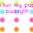 Pixelated buddy icon with pink text reading 'i luv my puf and b-ball buddy!!!!' over a of colored circles in blue, pink, orange, and green