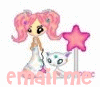 A cartoon character with pink pigtails, a white dress, and a small cat beside a pink star, with 'email me' text below.