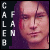 A pixelated portrait of a person with long dark hair and a red mark on the cheek, displayed in a with text "CALEB" and "FAN" in vertical