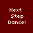 Four display 'Next Step Dance!' text with varying pink highlight placements on a dark red background